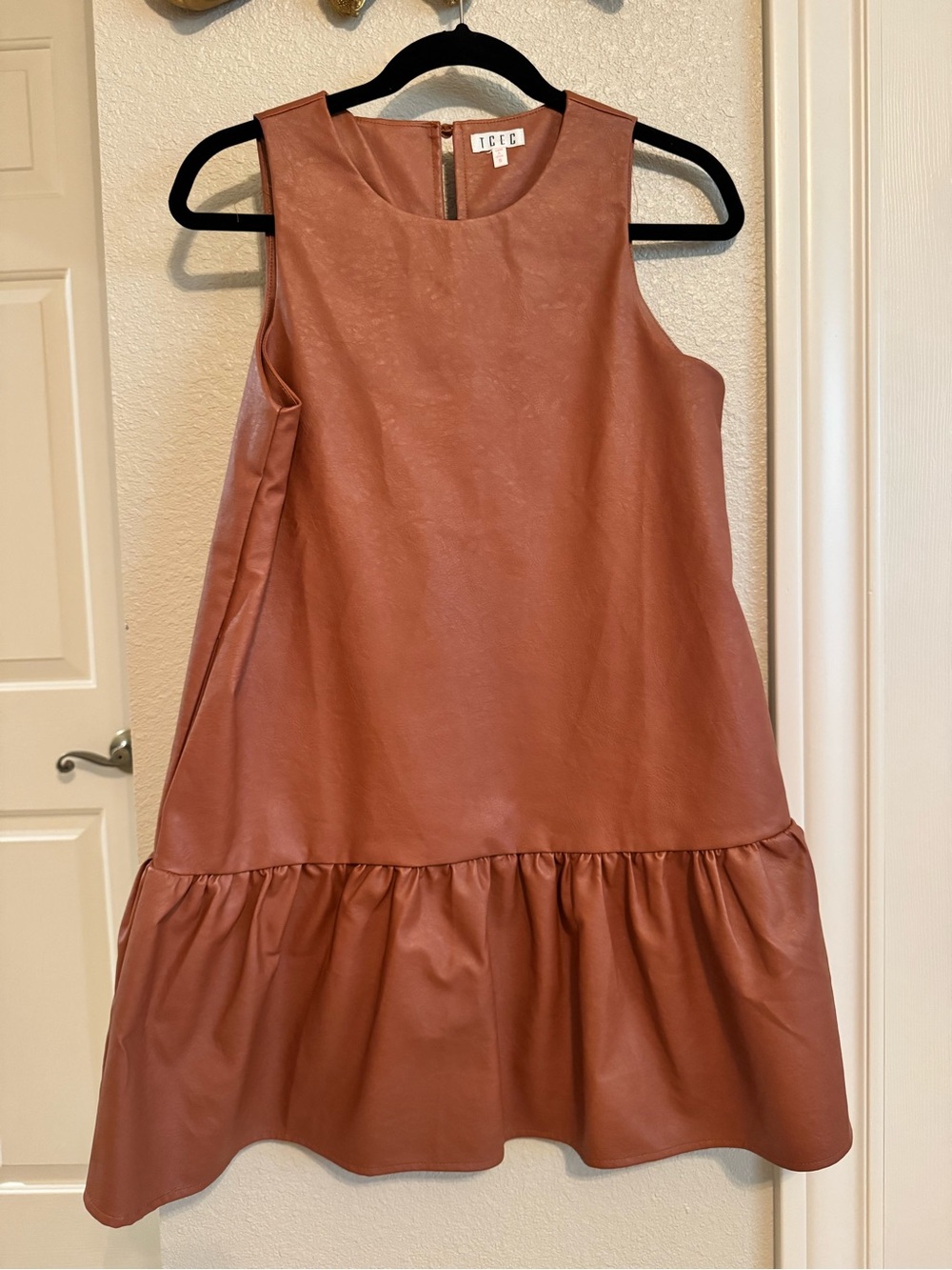 TCEC Faux Leather Sleeveless Dress in Rust Brown